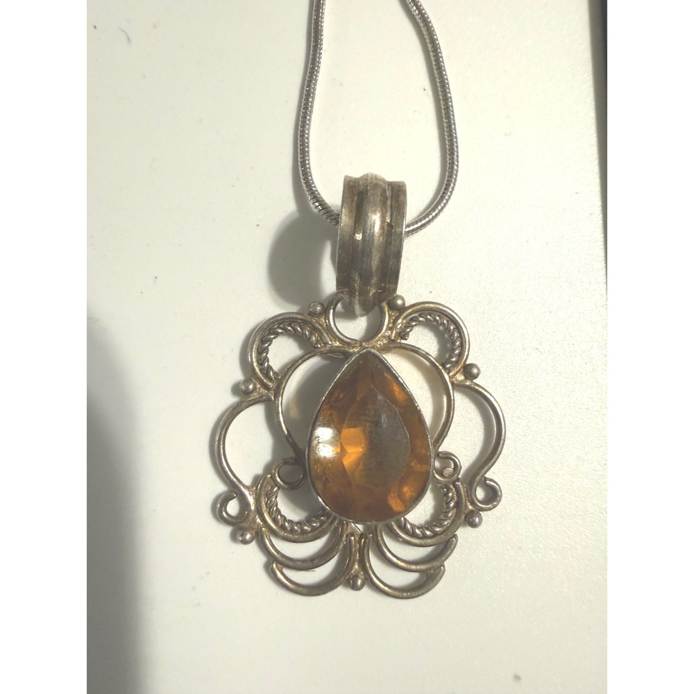 Vintage Sterling Silver Filigree Amber Teardrop Pendant Snake Chain Necklace